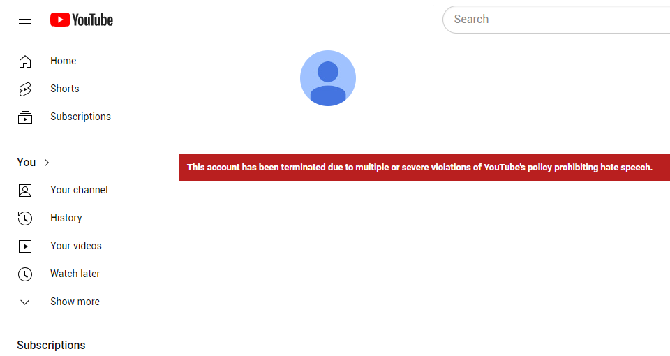 channel removed from youtube for hate speech