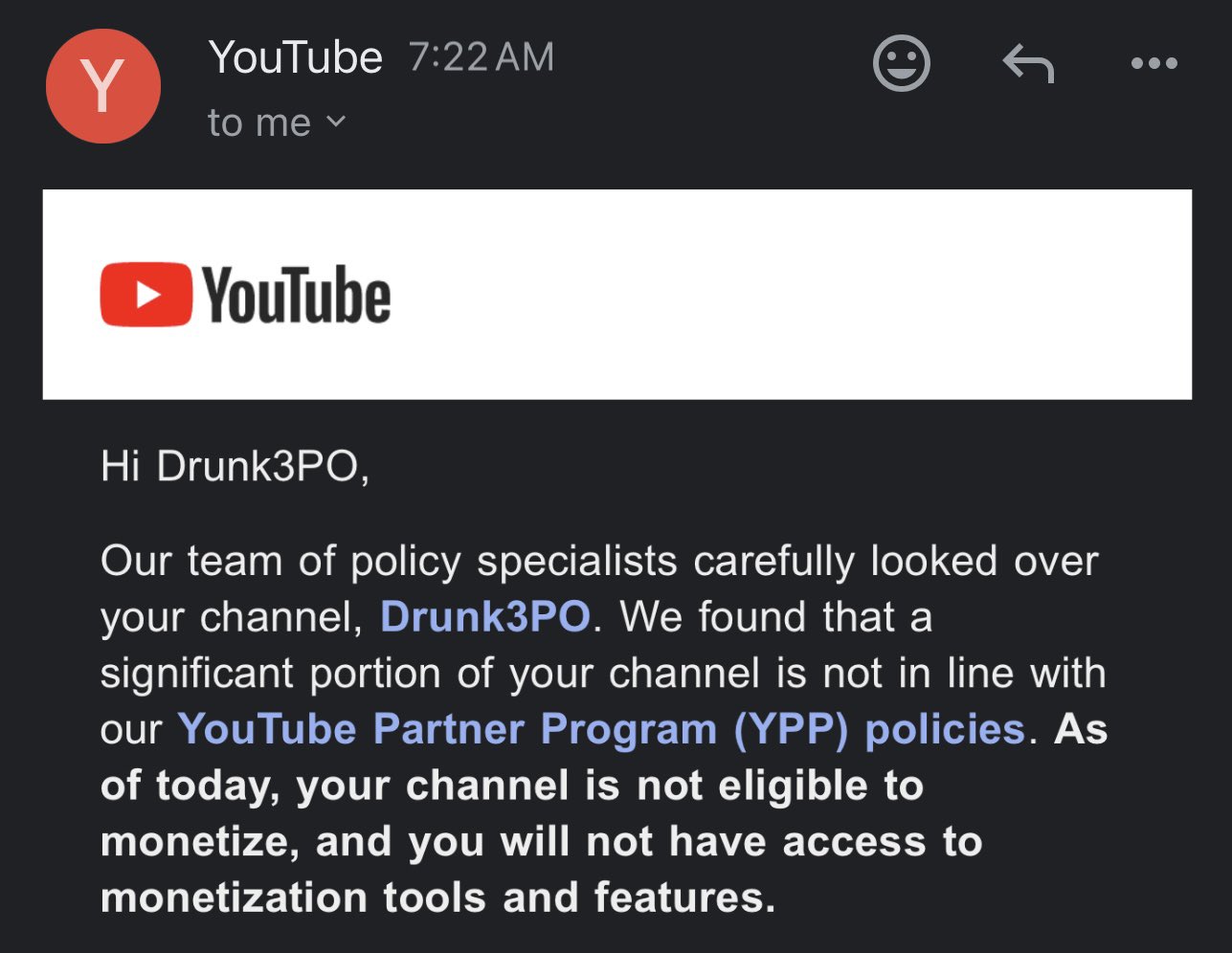 Drunk3PO demonitized on Youtube